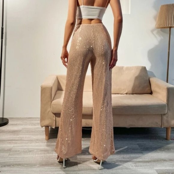 Glamorous Champagne Sequin High Waist Flare Leg Pants - Picture 5 of 6